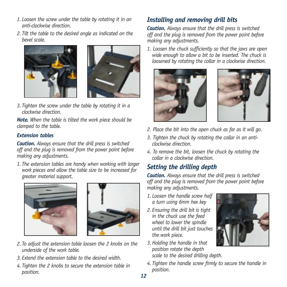 Installing and removing drill bits, Setting the drilling depth | Global Machinery Company LDP13F12 User Manual | Page 12 / 20