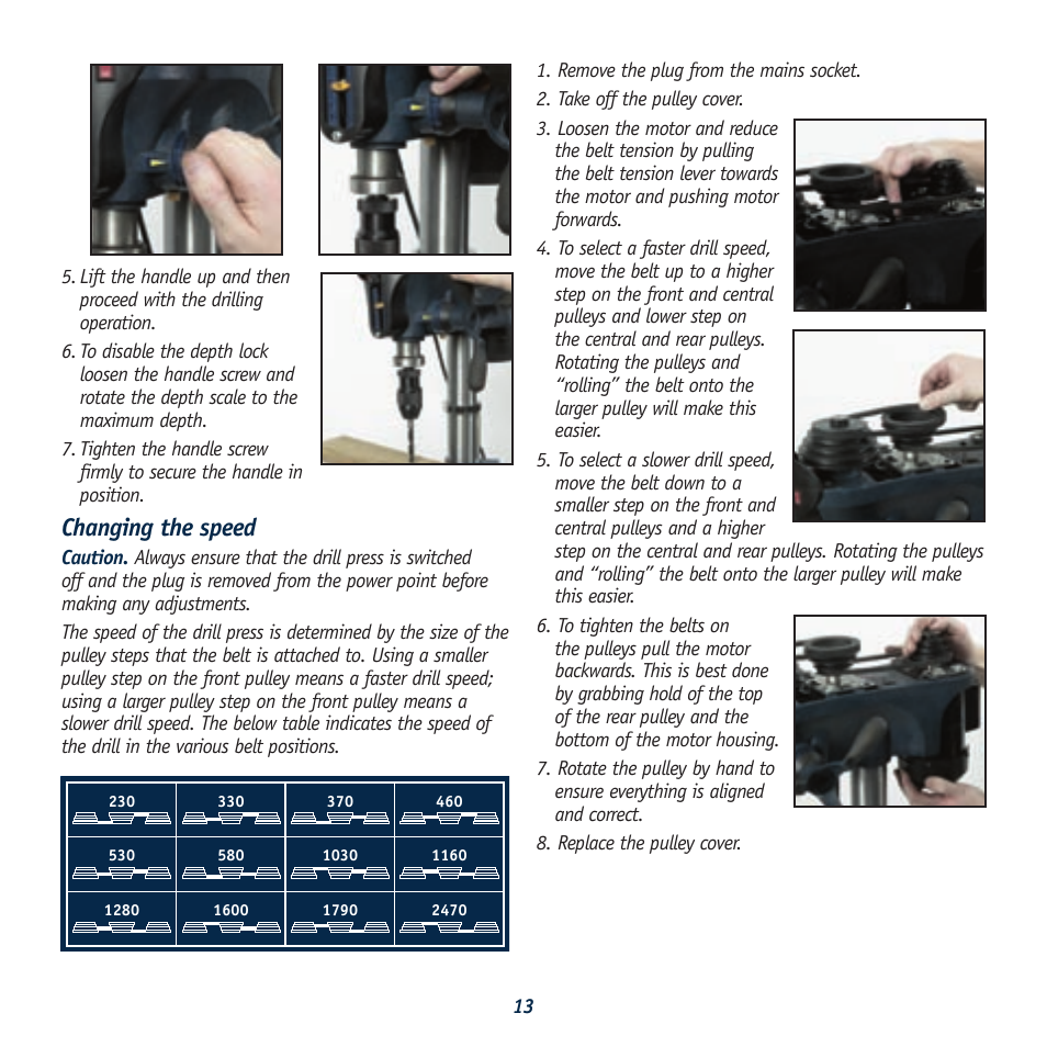 Rack & pinion, Redeye, Changing the speed | 12 speed drill press | Global Machinery Company LDP13F12 User Manual | Page 13 / 20