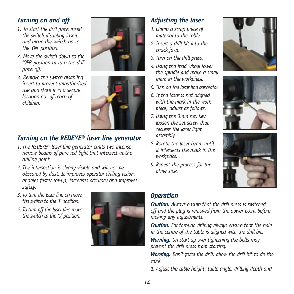 Turning on and off, Turning on the redeye® laser line generator, Adjusting the laser | Operation | Global Machinery Company LDP13F12 User Manual | Page 14 / 20