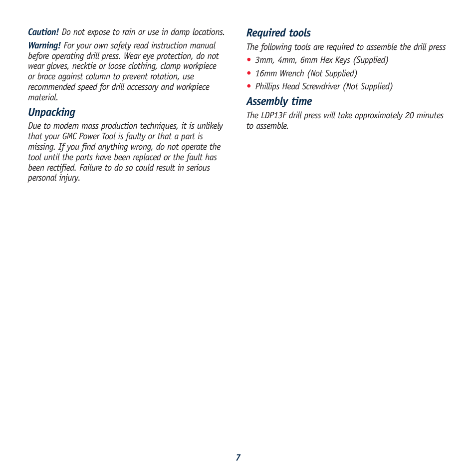 Unpacking, Required tools, Assembly time | Global Machinery Company LDP13F12 User Manual | Page 7 / 20