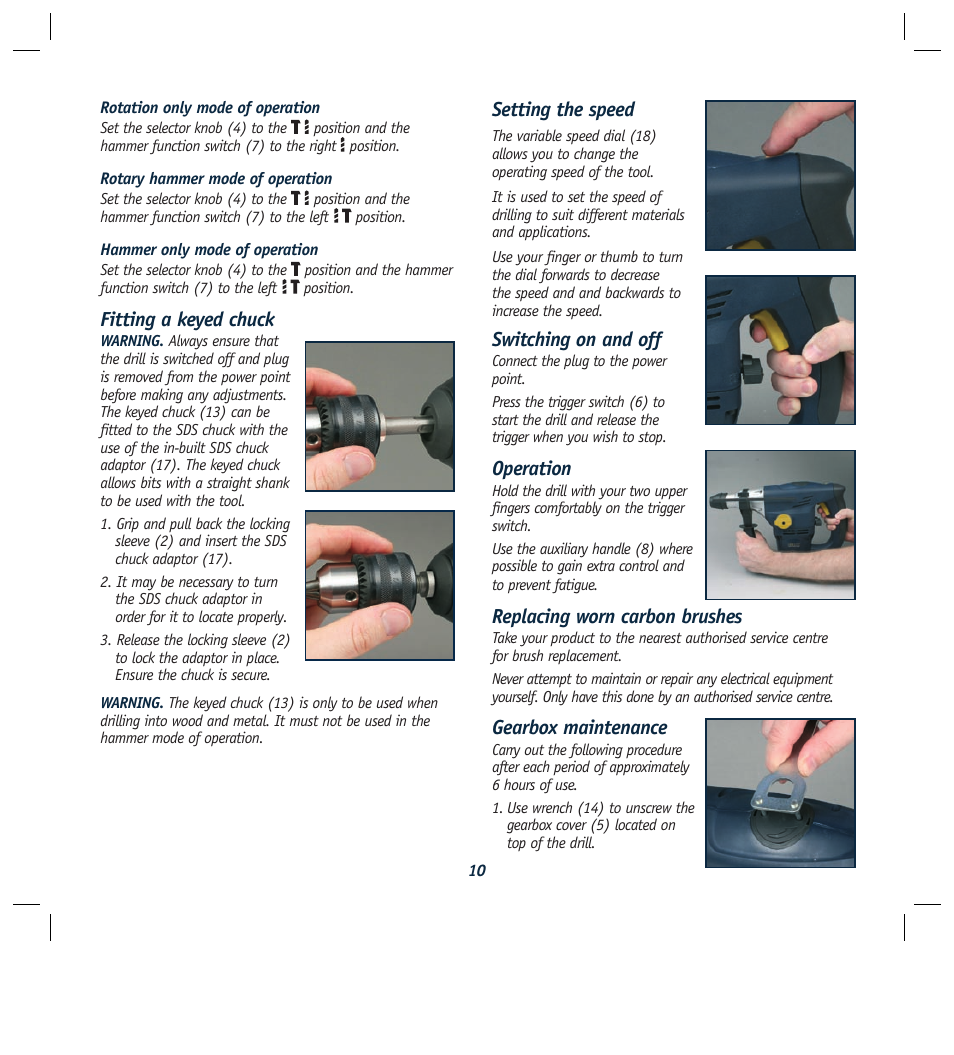 Fitting a keyed chuck, Setting the speed, Switching on and off | Operation, Replacing worn carbon brushes, Gearbox maintenance | Global Machinery Company RHD1500 User Manual | Page 10 / 12