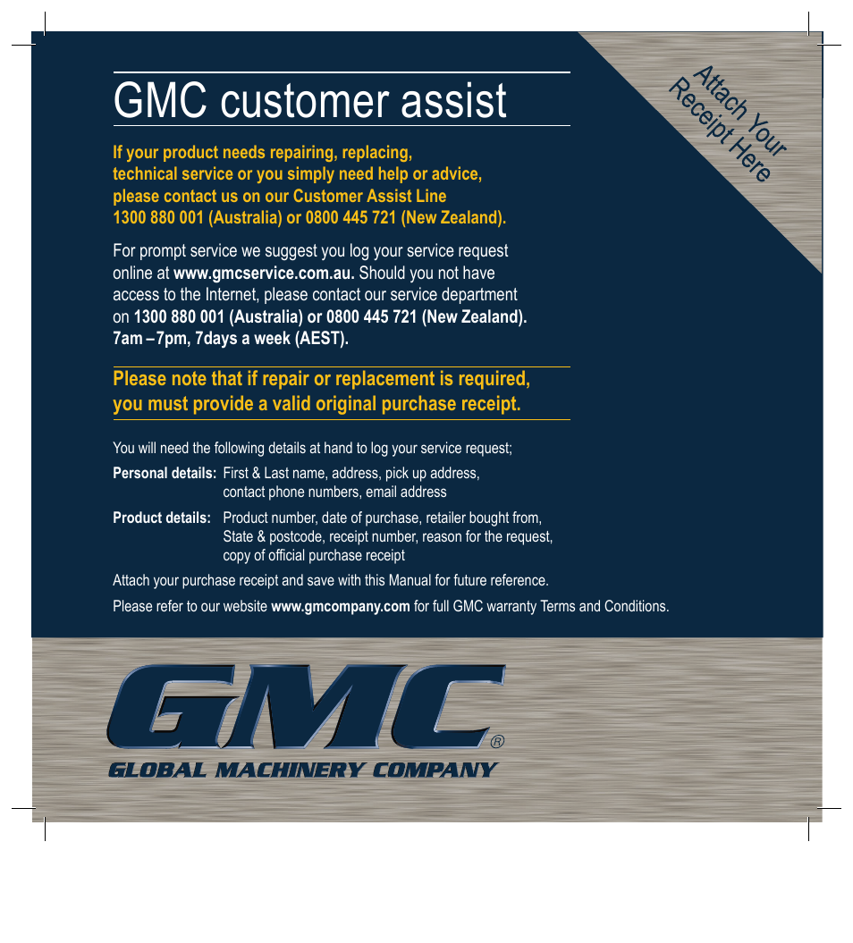 Gmc customer assist | Global Machinery Company RHD1500 User Manual | Page 12 / 12