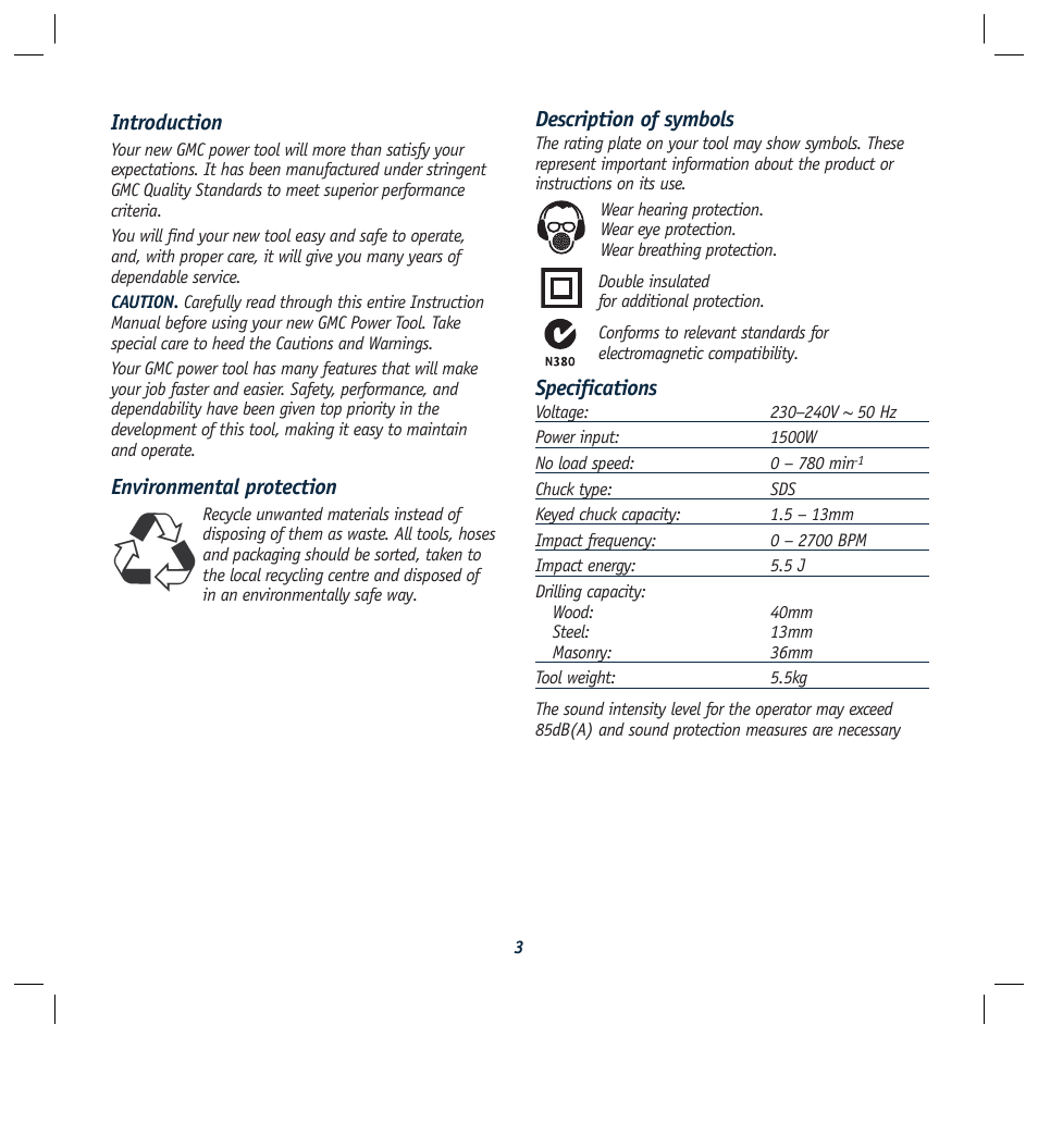 Description of symbols, Specifications, Introduction | Environmental protection | Global Machinery Company RHD1500 User Manual | Page 3 / 12