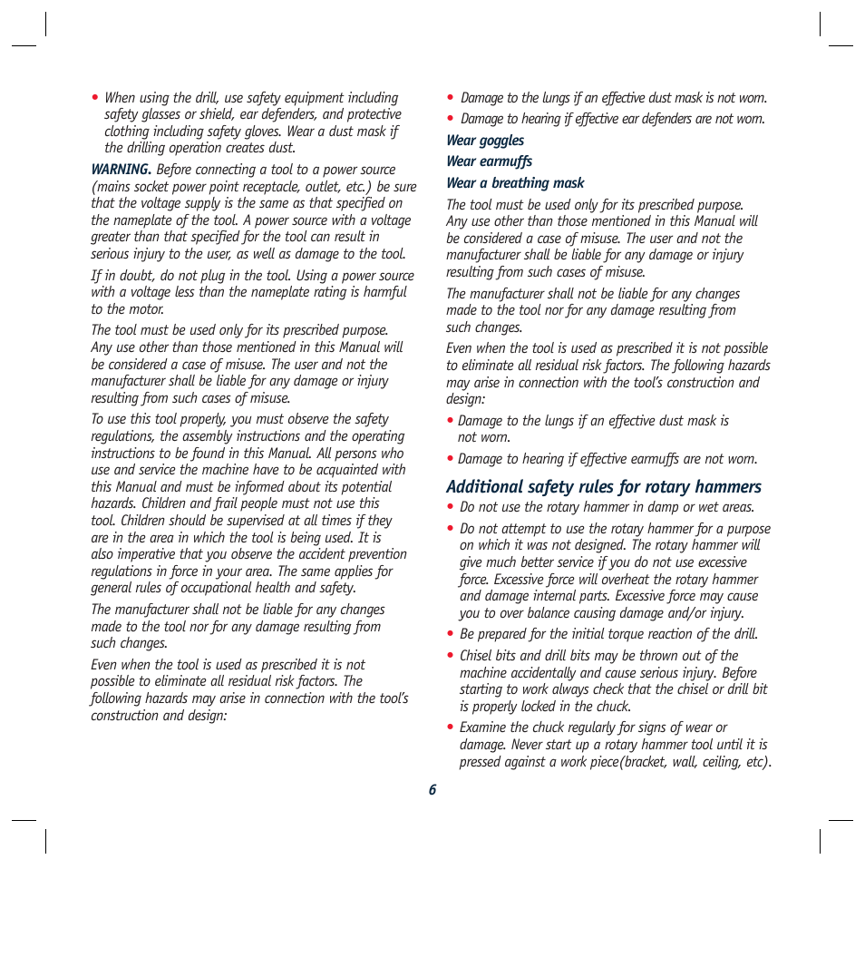 Additional safety rules for rotary hammers | Global Machinery Company RHD1500 User Manual | Page 6 / 12