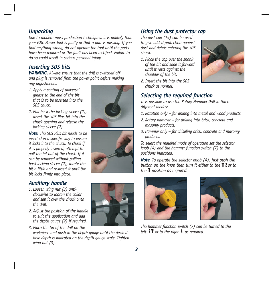Unpacking, Inserting sds bits, Auxiliary handle | Using the dust protector cap, Selecting the required function | Global Machinery Company RHD1500 User Manual | Page 9 / 12