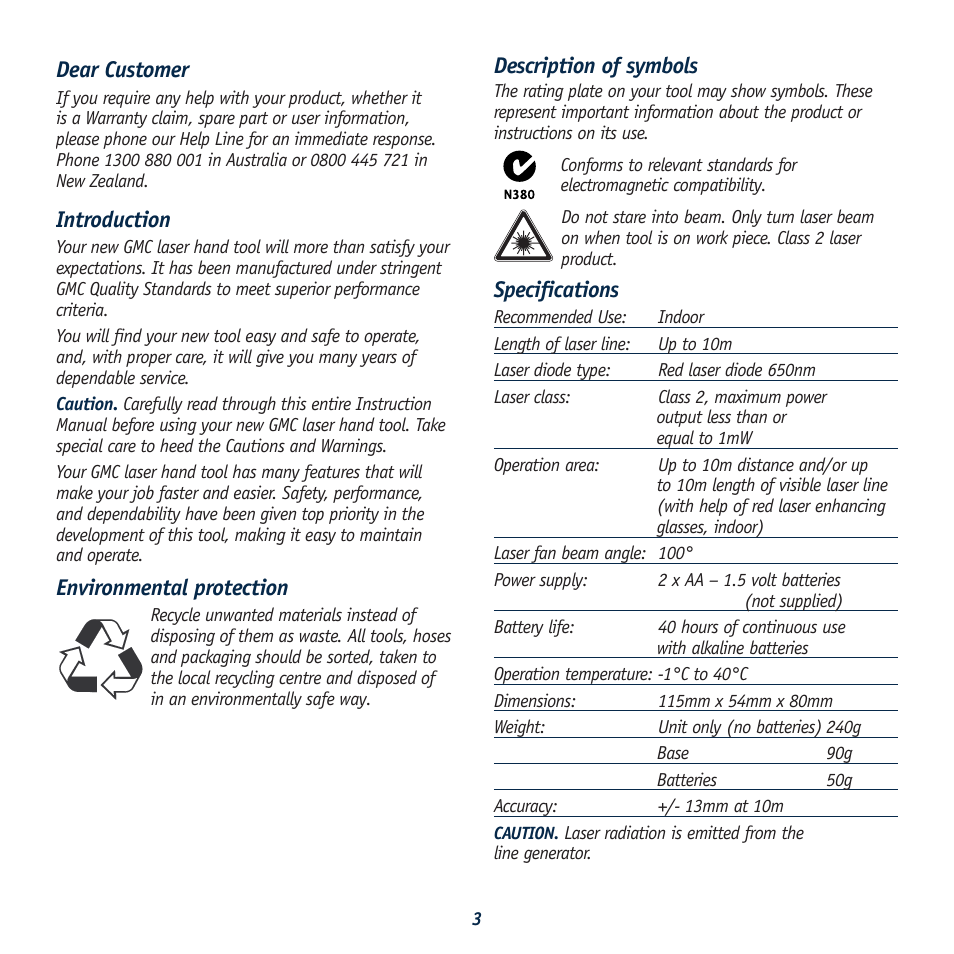 Description of symbols, Specifications, Dear customer | Introduction, Environmental protection | Global Machinery Company LS LINE/REDEYE User Manual | Page 3 / 10