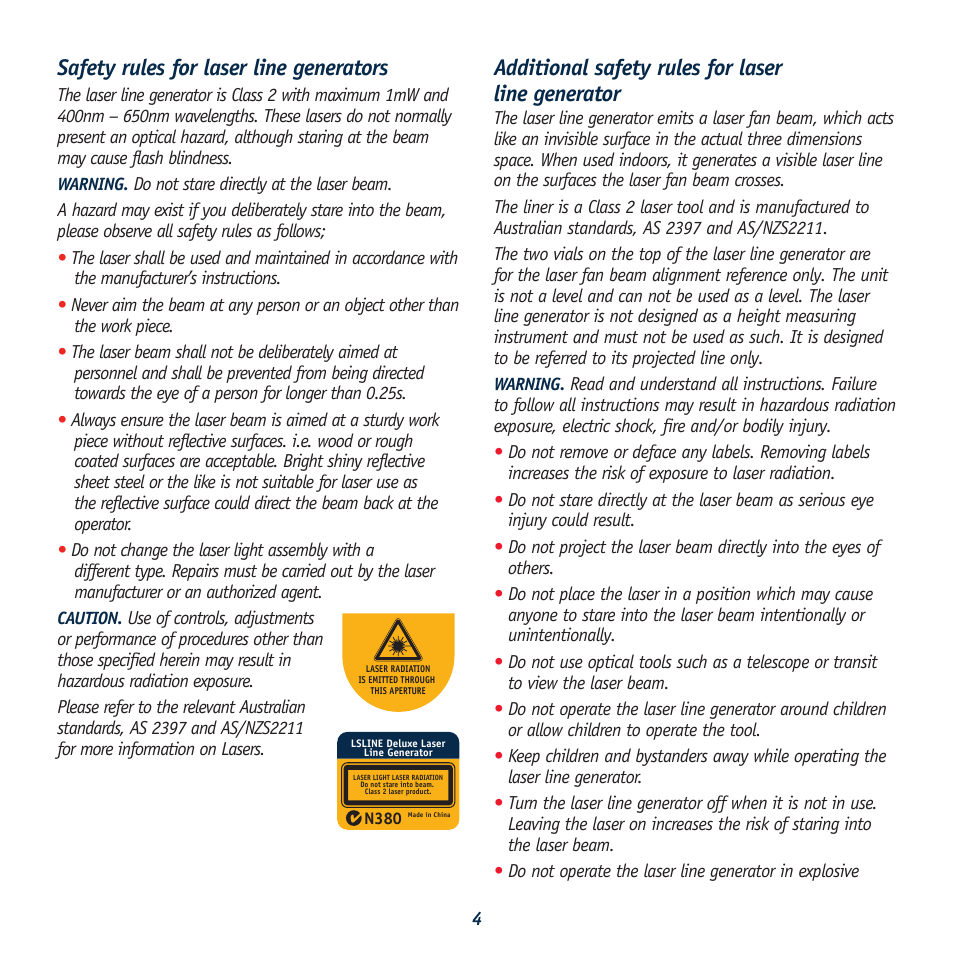 Safety rules for laser line generators, Additional safety rules for laser line generator | Global Machinery Company LS LINE/REDEYE User Manual | Page 4 / 10