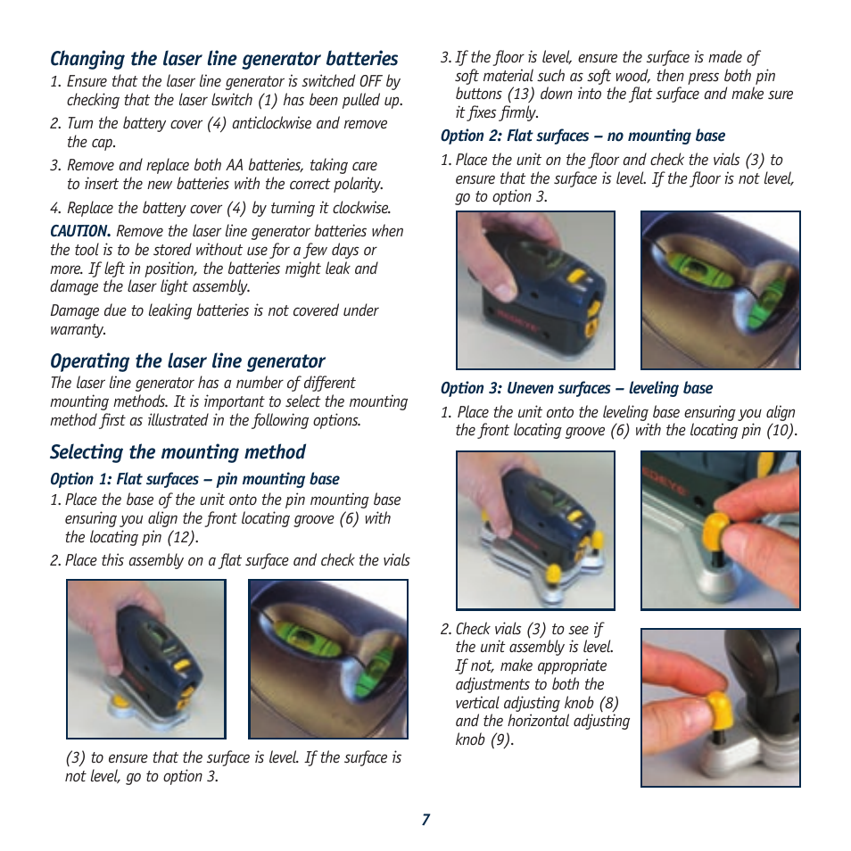 Changing the laser line generator batteries, Operating the laser line generator, Selecting the mounting method | Global Machinery Company LS LINE/REDEYE User Manual | Page 7 / 10