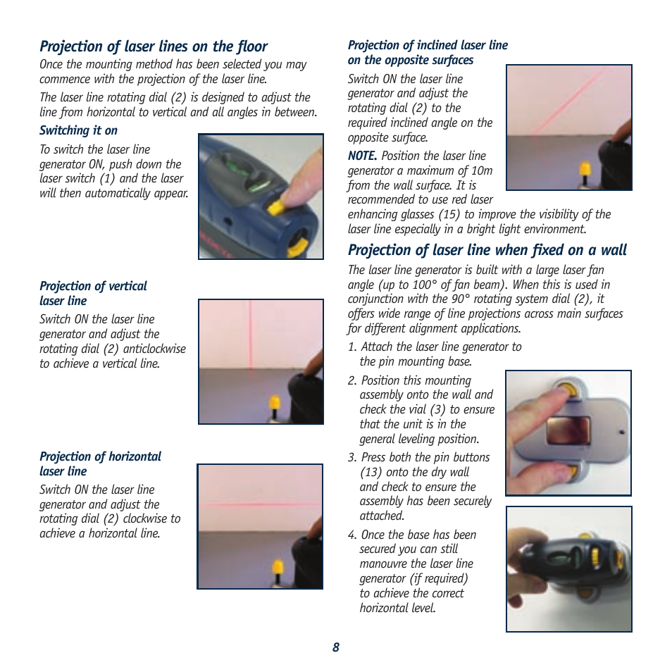 Projection of laser lines on the floor, Projection of laser line when fixed on a wall | Global Machinery Company LS LINE/REDEYE User Manual | Page 8 / 10