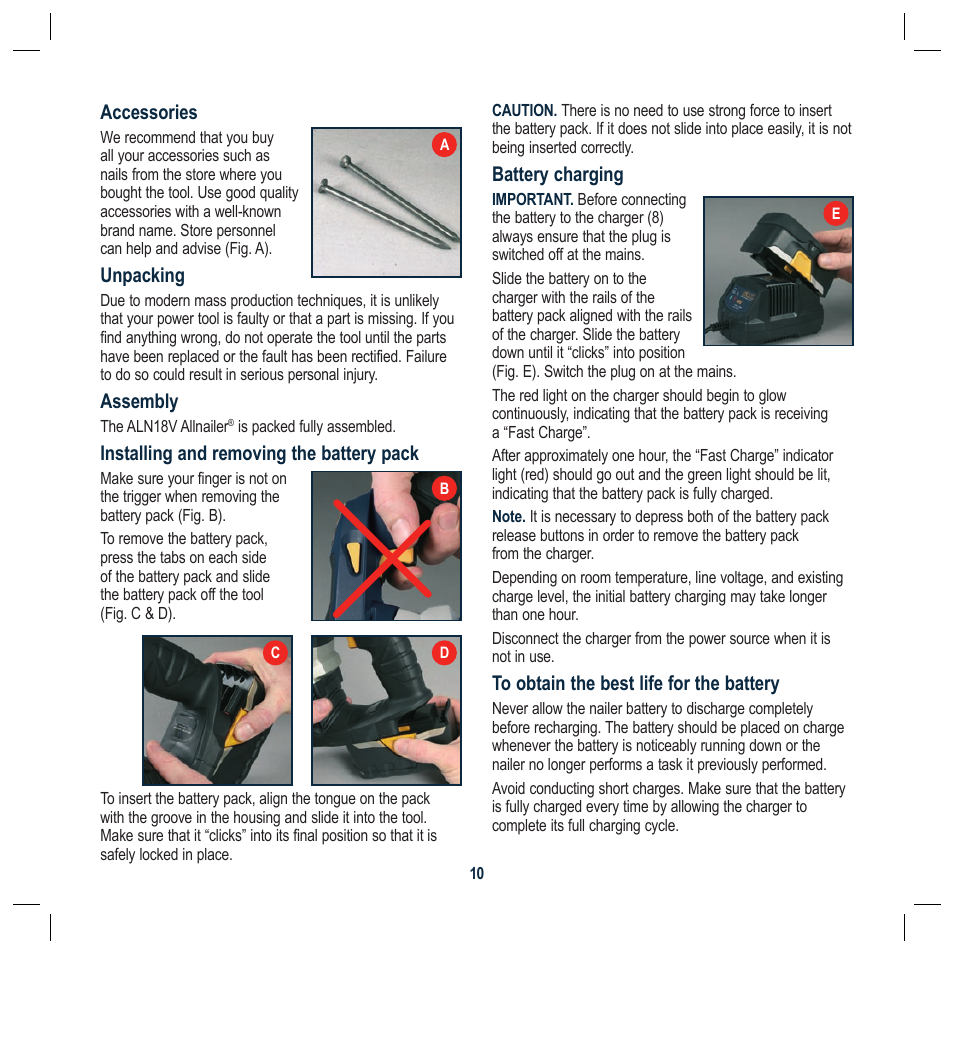 Accessories, Unpacking, Assembly | Installing and removing the battery pack, Battery charging | Global Machinery Company ALN18V User Manual | Page 10 / 16