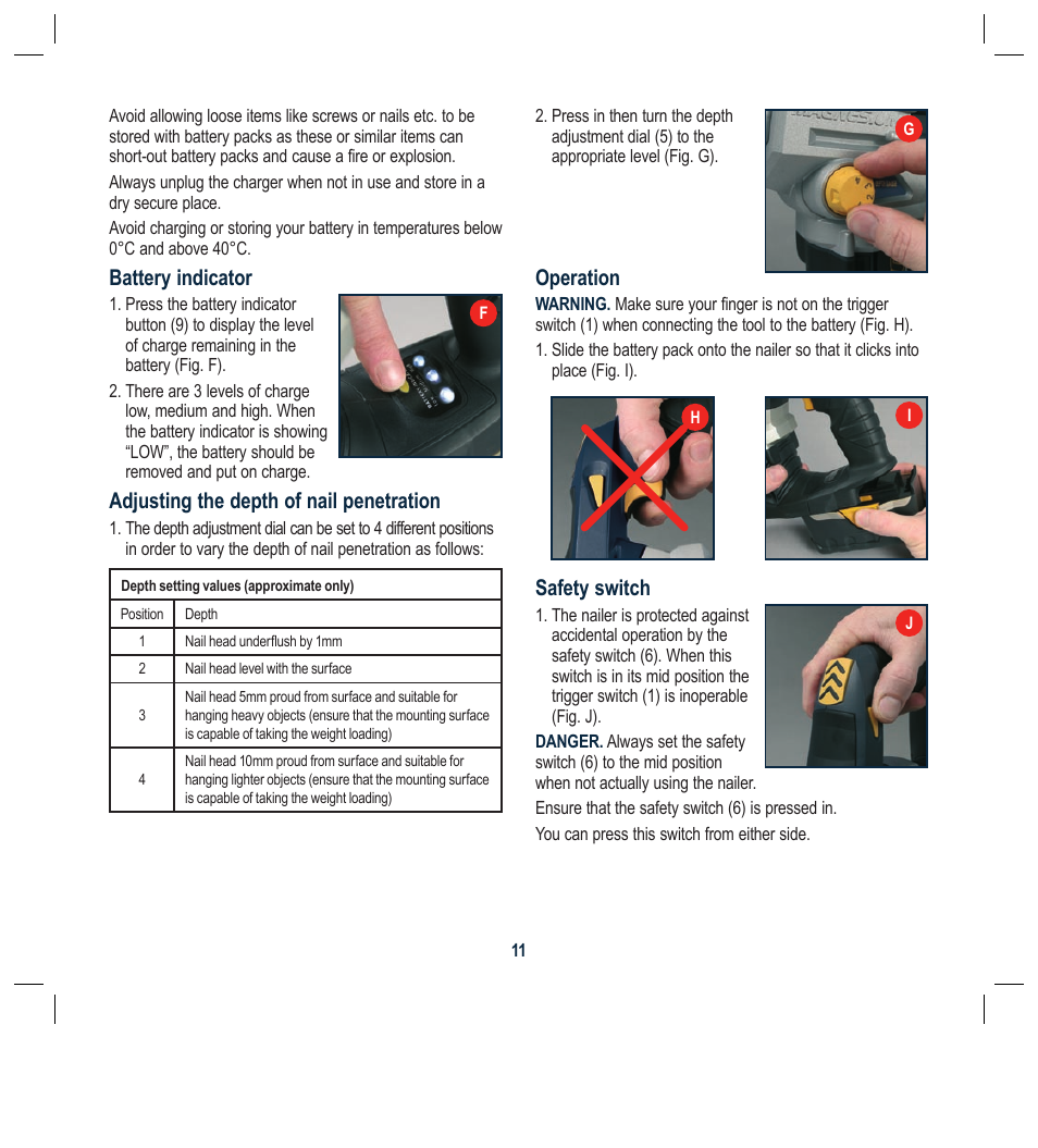 Battery indicator, Adjusting the depth of nail penetration, Operation | Safety switch | Global Machinery Company ALN18V User Manual | Page 11 / 16