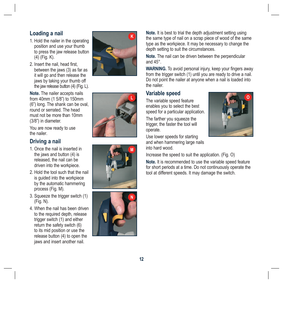 Loading a nail, Driving a nail, Variable speed | Global Machinery Company ALN18V User Manual | Page 12 / 16