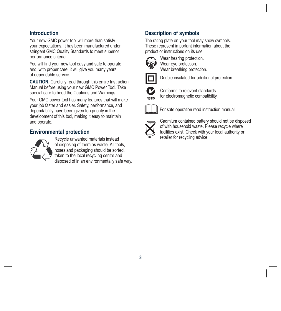 Description of symbols, Introduction, Environmental protection | Global Machinery Company ALN18V User Manual | Page 3 / 16