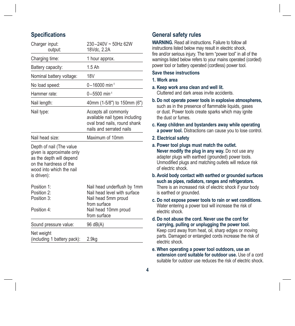 Specifications, General safety rules | Global Machinery Company ALN18V User Manual | Page 4 / 16