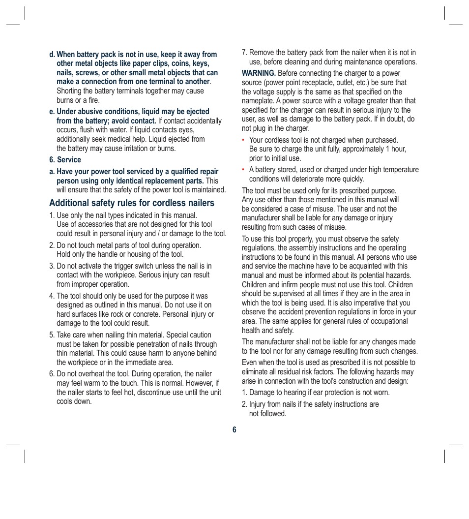 Additional safety rules for cordless nailers | Global Machinery Company ALN18V User Manual | Page 6 / 16
