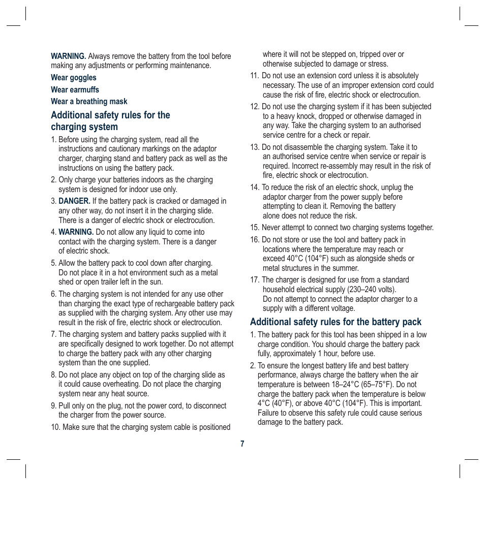 Additional safety rules for the charging system, Additional safety rules for the battery pack | Global Machinery Company ALN18V User Manual | Page 7 / 16