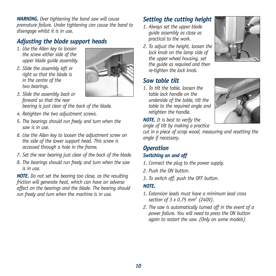 Adjusting the blade support heads, Setting the cutting height, Saw table tilt | Operation | Global Machinery Company BS7 User Manual | Page 10 / 12