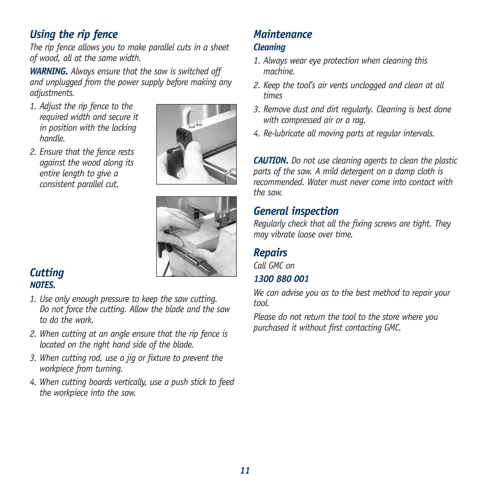Using the rip fence, Cutting, Maintenance | General inspection, Repairs | Global Machinery Company BS7 User Manual | Page 11 / 12