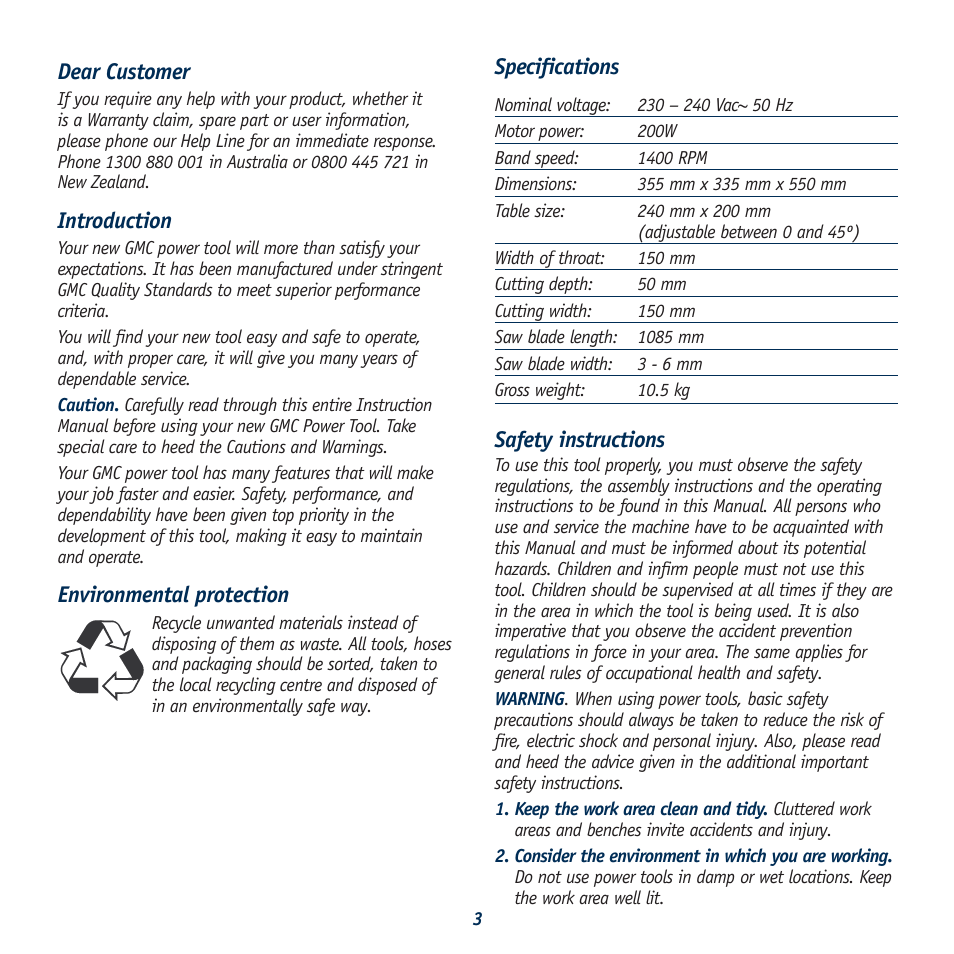 Specifications, Safety instructions, Dear customer | Introduction, Environmental protection | Global Machinery Company BS7 User Manual | Page 3 / 12