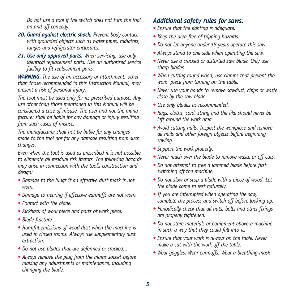 Additional safety rules for saws | Global Machinery Company BS7 User Manual | Page 5 / 12