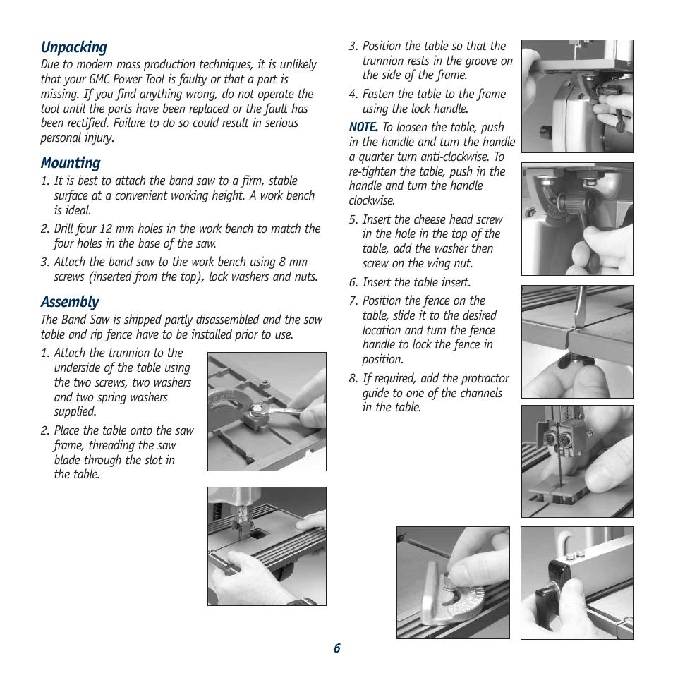 Unpacking, Mounting, Assembly | Global Machinery Company BS7 User Manual | Page 6 / 12