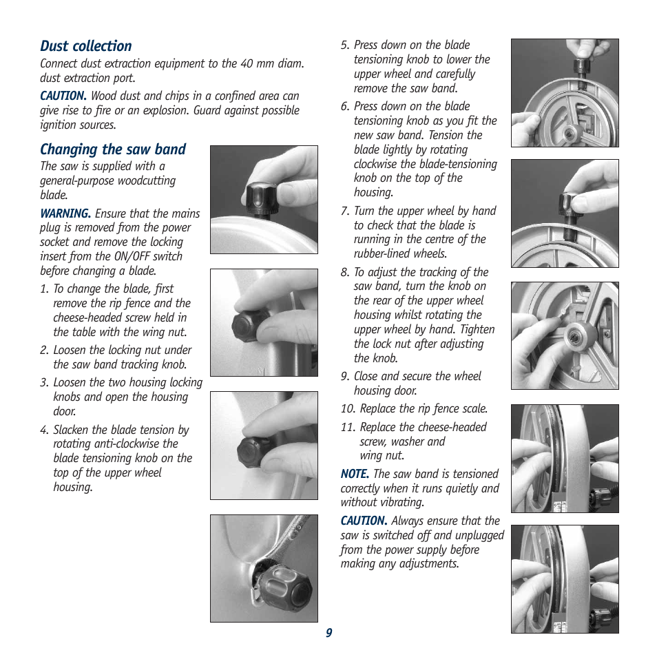 Dust collection, Changing the saw band | Global Machinery Company BS7 User Manual | Page 9 / 12