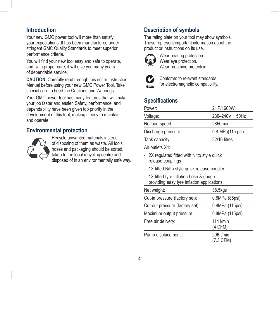 Global Machinery Company 2HP/1600W 32LT DUAL TANK COMPRESSOR WITH REMOVABLE TANK DTC32L User Manual | Page 4 / 21