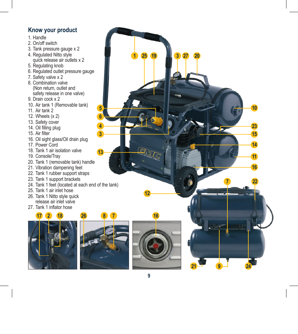 Global Machinery Company 2HP/1600W 32LT DUAL TANK COMPRESSOR WITH REMOVABLE TANK DTC32L User Manual | Page 9 / 21