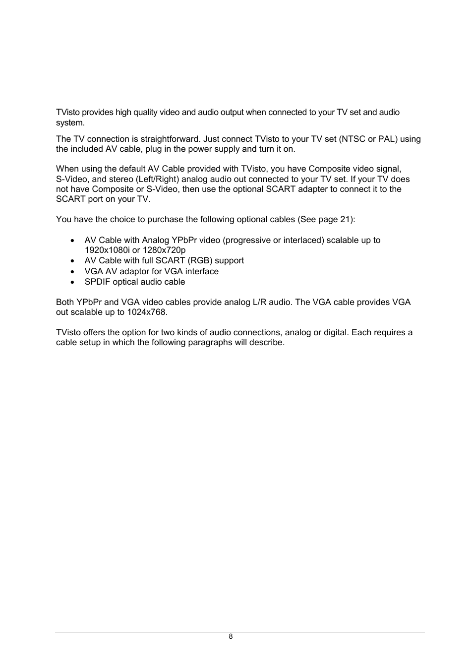 Tv connection | Global Machinery Company TVisto User Manual | Page 13 / 31