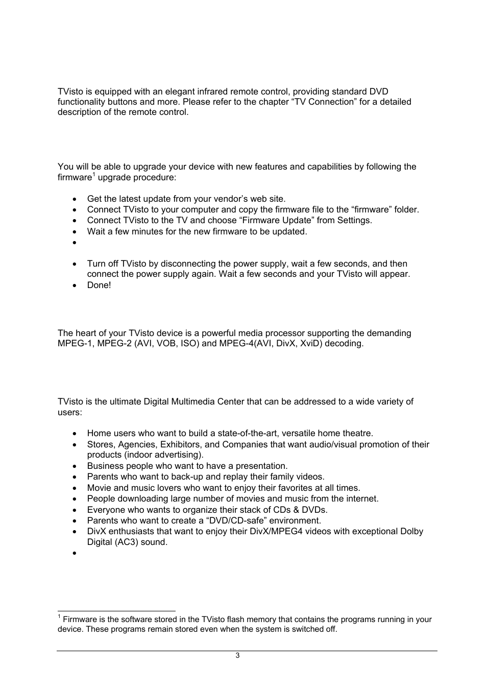 Remote, Firmware update, Powerful media processor | Enjoy | Global Machinery Company TVisto User Manual | Page 8 / 31