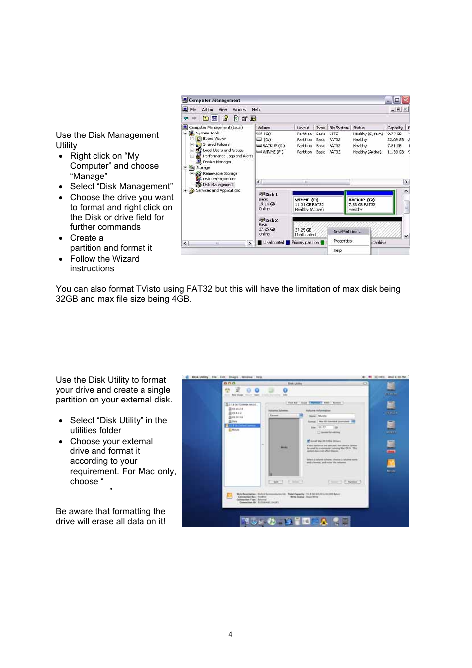 Formatting the hdd, Formatting on a pc (win2000/xp), Formatting on a mac os x | Global Machinery Company TVisto User Manual | Page 9 / 31