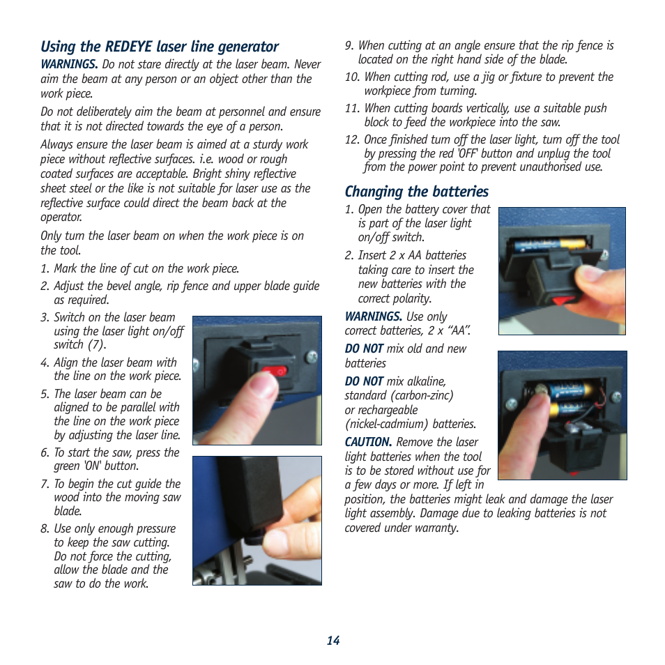 Using the redeye laser line generator, Changing the batteries | Global Machinery Company LS8B User Manual | Page 14 / 16