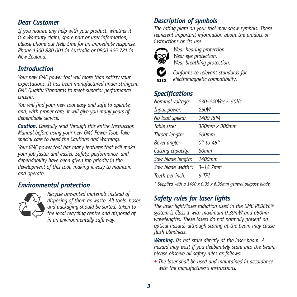 Description of symbols, Specifications, Safety rules for laser lights | Dear customer, Introduction, Environmental protection | Global Machinery Company LS8B User Manual | Page 3 / 16