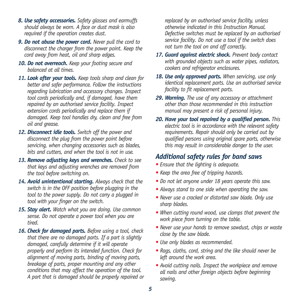 Additional safety rules for band saws | Global Machinery Company LS8B User Manual | Page 5 / 16