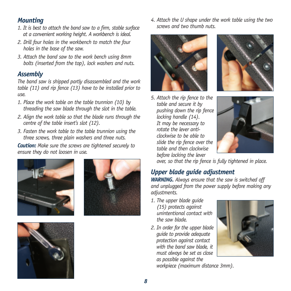 Mounting, Assembly, Upper blade guide adjustment | Global Machinery Company LS8B User Manual | Page 8 / 16