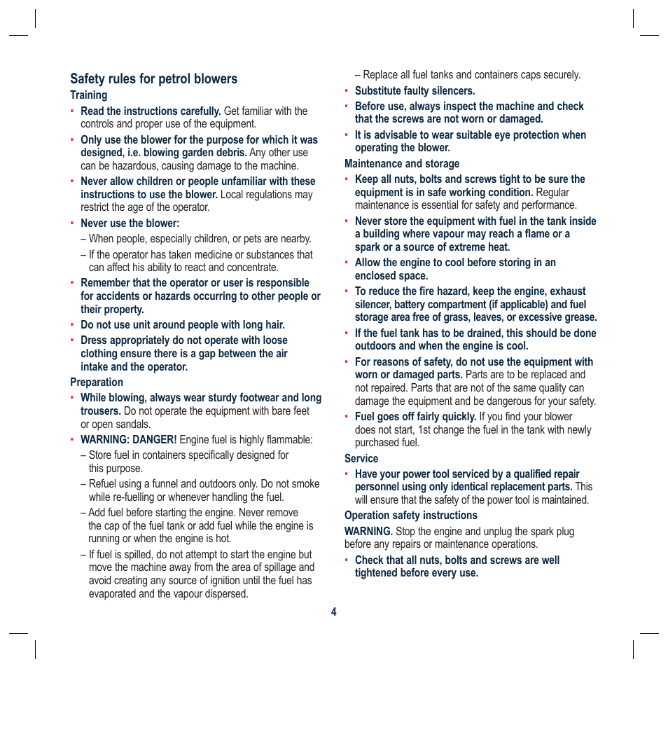 Safety rules for petrol blowers | Global Machinery Company PB26CC User Manual | Page 4 / 16