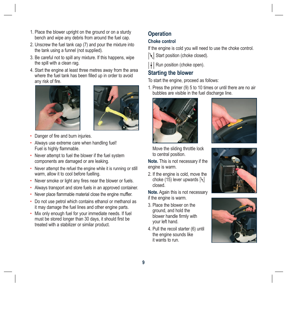 Operation, Starting the blower | Global Machinery Company PB26CC User Manual | Page 9 / 16