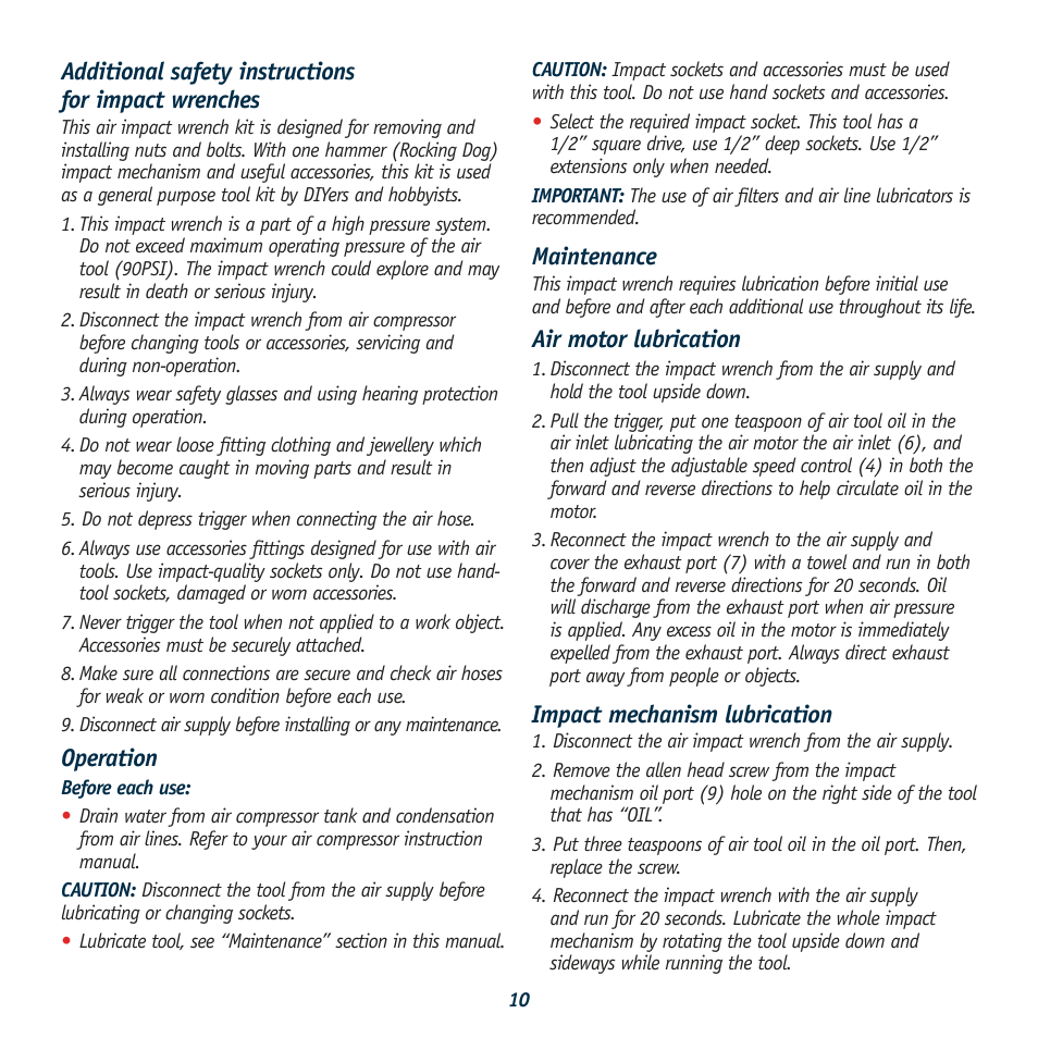 Additional safety instructions for impact wrenches, Operation, Maintenance | Air motor lubrication, Impact mechanism lubrication | Global Machinery Company ATI2K User Manual | Page 10 / 16