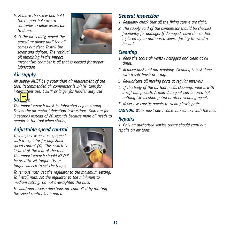 Air supply, Storage, Adjustable speed control | General inspection, Cleaning, Repairs | Global Machinery Company ATI2K User Manual | Page 11 / 16