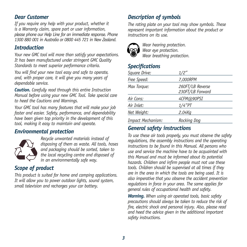 Dear customer, Introduction, Environmental protection | Scope of product, Description of symbols, Specifications, General safety instructions | Global Machinery Company ATI2K User Manual | Page 3 / 16