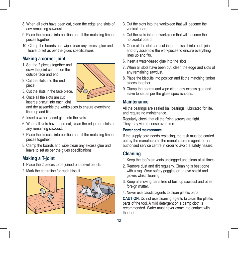 Making a corner joint, Making a t-joint, Maintenance | Cleaning | Global Machinery Company BJ600 User Manual | Page 13 / 16