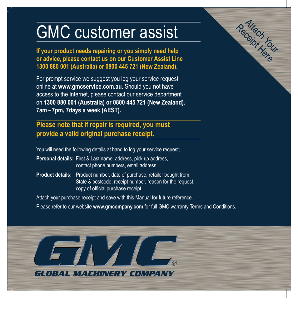 Gmc customer assist | Global Machinery Company BJ600 User Manual | Page 16 / 16