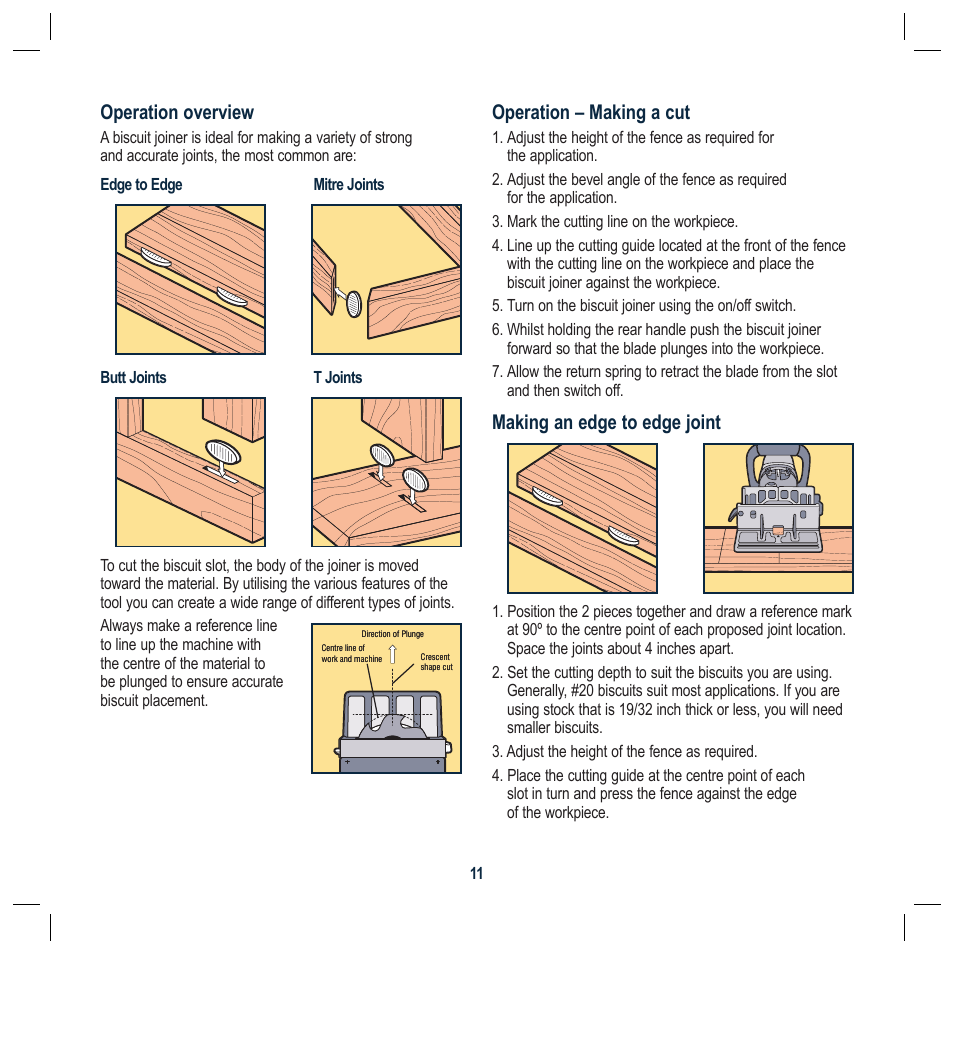 Operation overview, Operation – making a cut, Making an edge to edge joint | Global Machinery Company BJ110M User Manual | Page 11 / 16