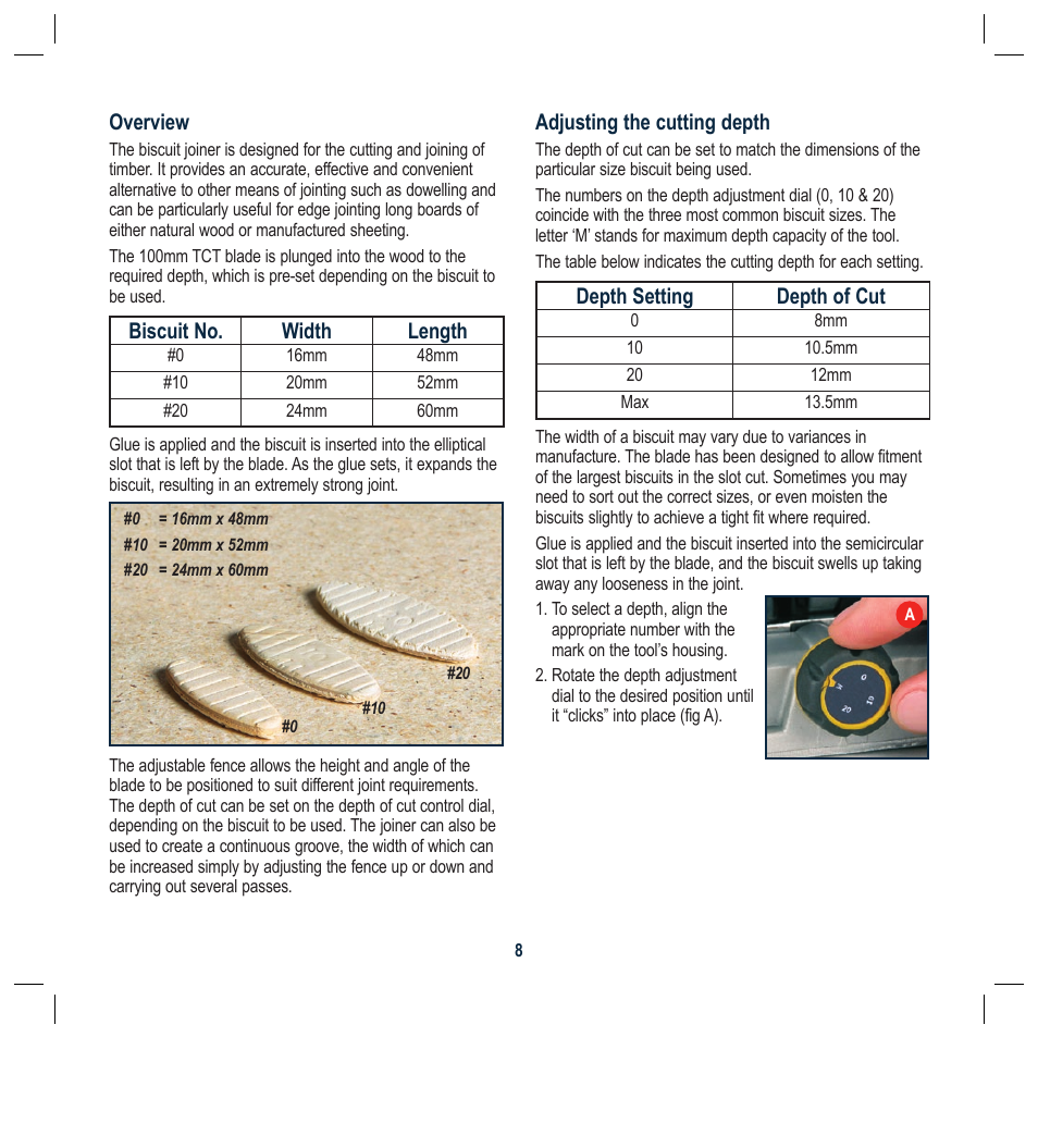Overview, Biscuit no. width length, Adjusting the cutting depth | Depth setting depth of cut | Global Machinery Company BJ110M User Manual | Page 8 / 16