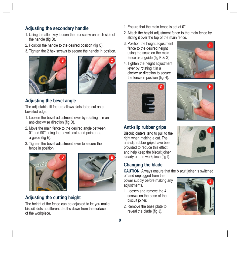 Adjusting the secondary handle, Adjusting the bevel angle, Adjusting the cutting height | Anti-slip rubber grips, Changing the blade | Global Machinery Company BJ110M User Manual | Page 9 / 16