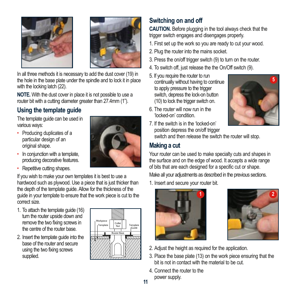 Using the template guide, Switching on and off, Making a cut | Global Machinery Company MAG2050R User Manual | Page 11 / 16