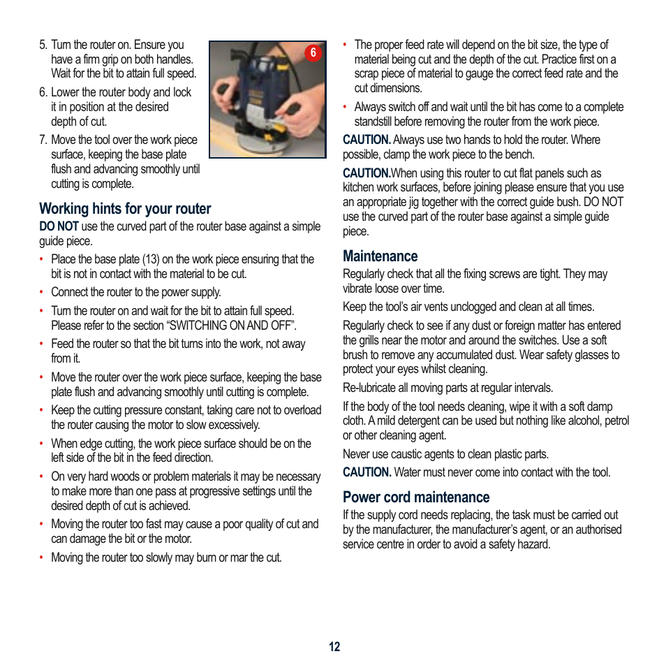 Working hints for your router, Maintenance, Power cord maintenance | Global Machinery Company MAG2050R User Manual | Page 12 / 16