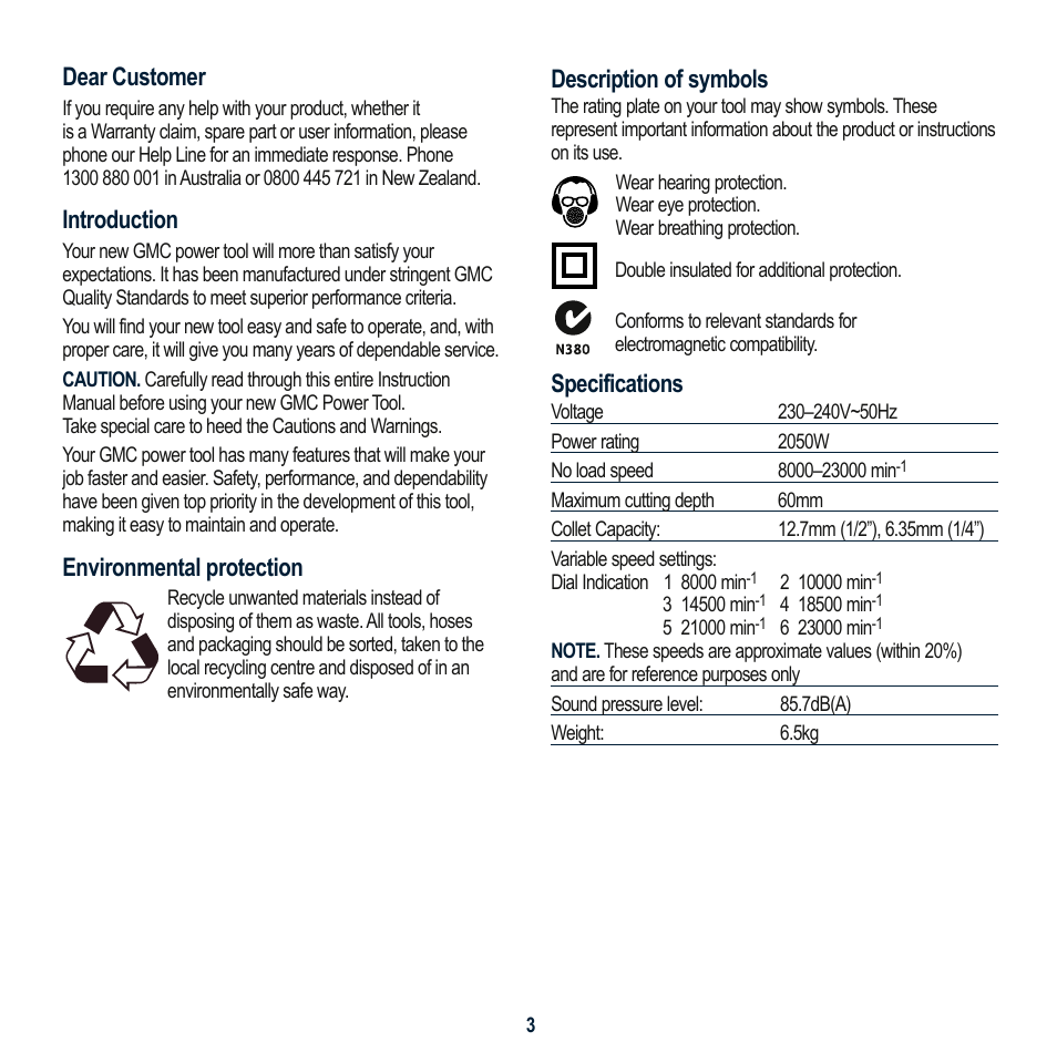 Description of symbols, Specifications, Dear customer | Introduction, Environmental protection | Global Machinery Company MAG2050R User Manual | Page 3 / 16