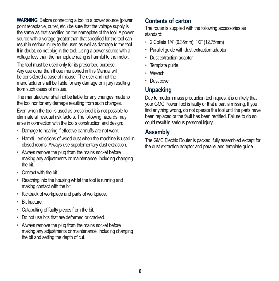 Contents of carton, Unpacking, Assembly | Global Machinery Company MAG2050R User Manual | Page 6 / 16