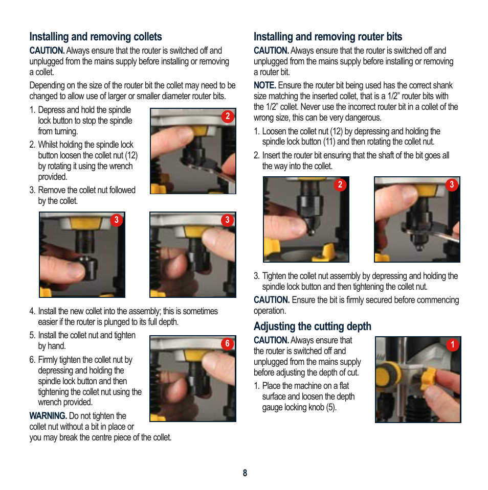 Installing and removing collets, Installing and removing router bits, Adjusting the cutting depth | Global Machinery Company MAG2050R User Manual | Page 8 / 16